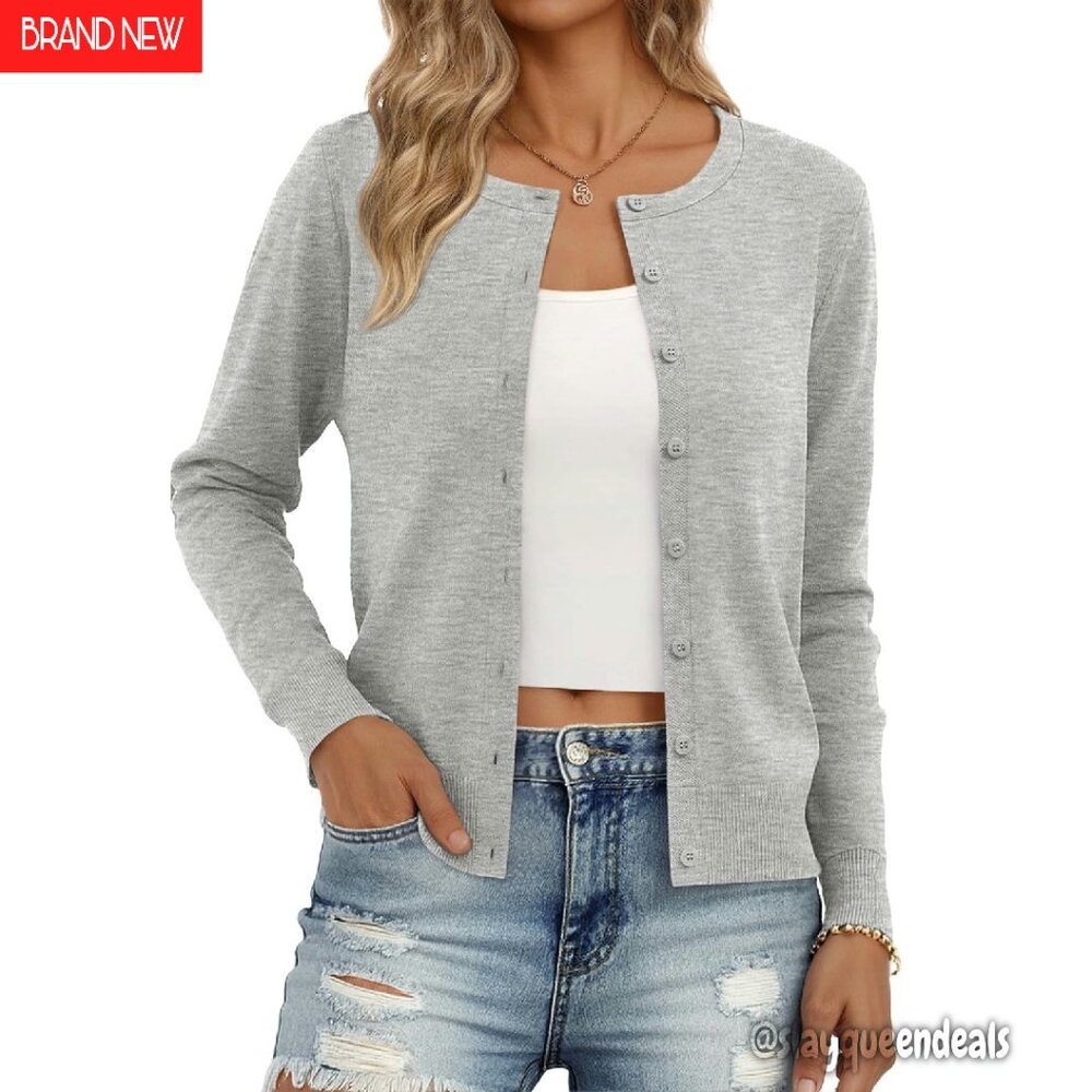 Lightweight Crewneck Cardigan Slim Fit Button Front Fall Winter Sweater